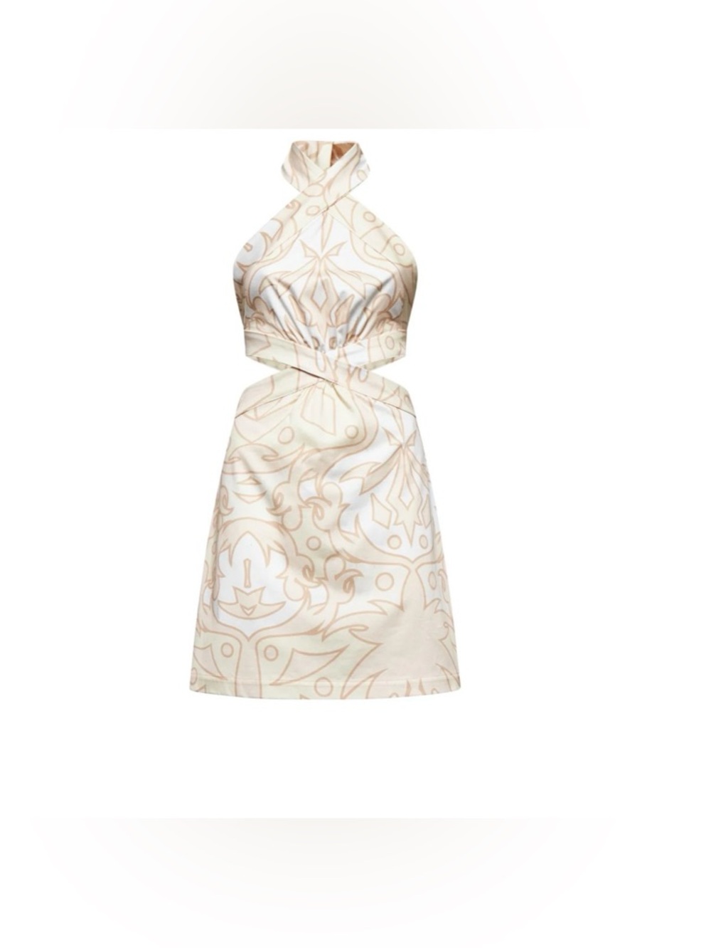 Silvian Heach Halter Mini Open Back Tie Waist Beige Abstract Print Summer Dress